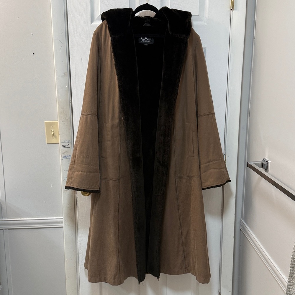 Utex Design Black and Brown Faux Fur Lined Hooded Coat